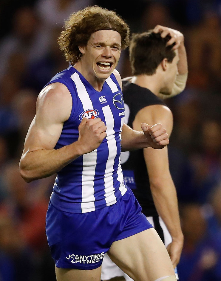 AFL 2016 Rd 09 - North Melbourne v Carlton MELBOURNE, AUSTRALIA - MAY 21: Ben Brown of the Kangaroos celebrates a goal during the 2016 AFL Round 09 match between the North Melbourne Kangaroos and the Carlton Blues at Etihad Stadium on May 21, 2016 in Melbourne, Australia. (Photo by Adam Trafford/AFL Media)